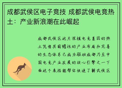 成都武侯区电子竞技 成都武侯电竞热土：产业新浪潮在此崛起